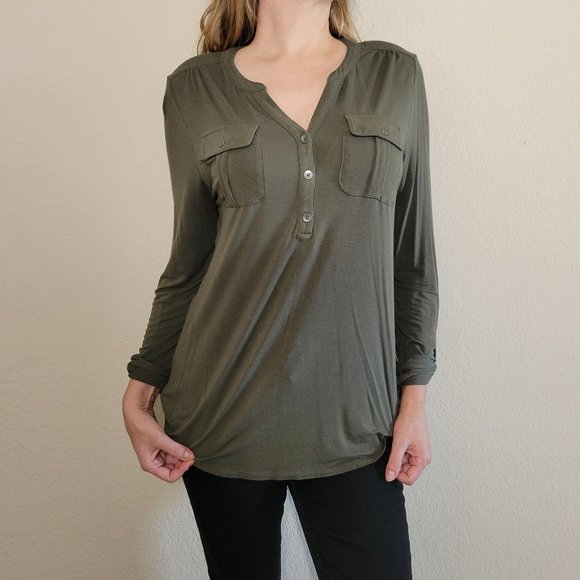 a new day Green Button Front Top Medium Henley Long Sleeve Roll Tab Pockets - Picture 1 of 7